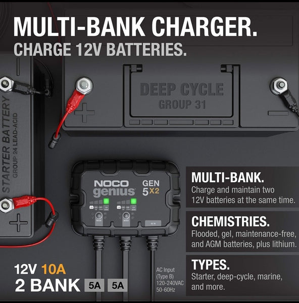 NOCO Genius 12v 24v 10 Amp 2-Bank Marine On-Board Battery Charger